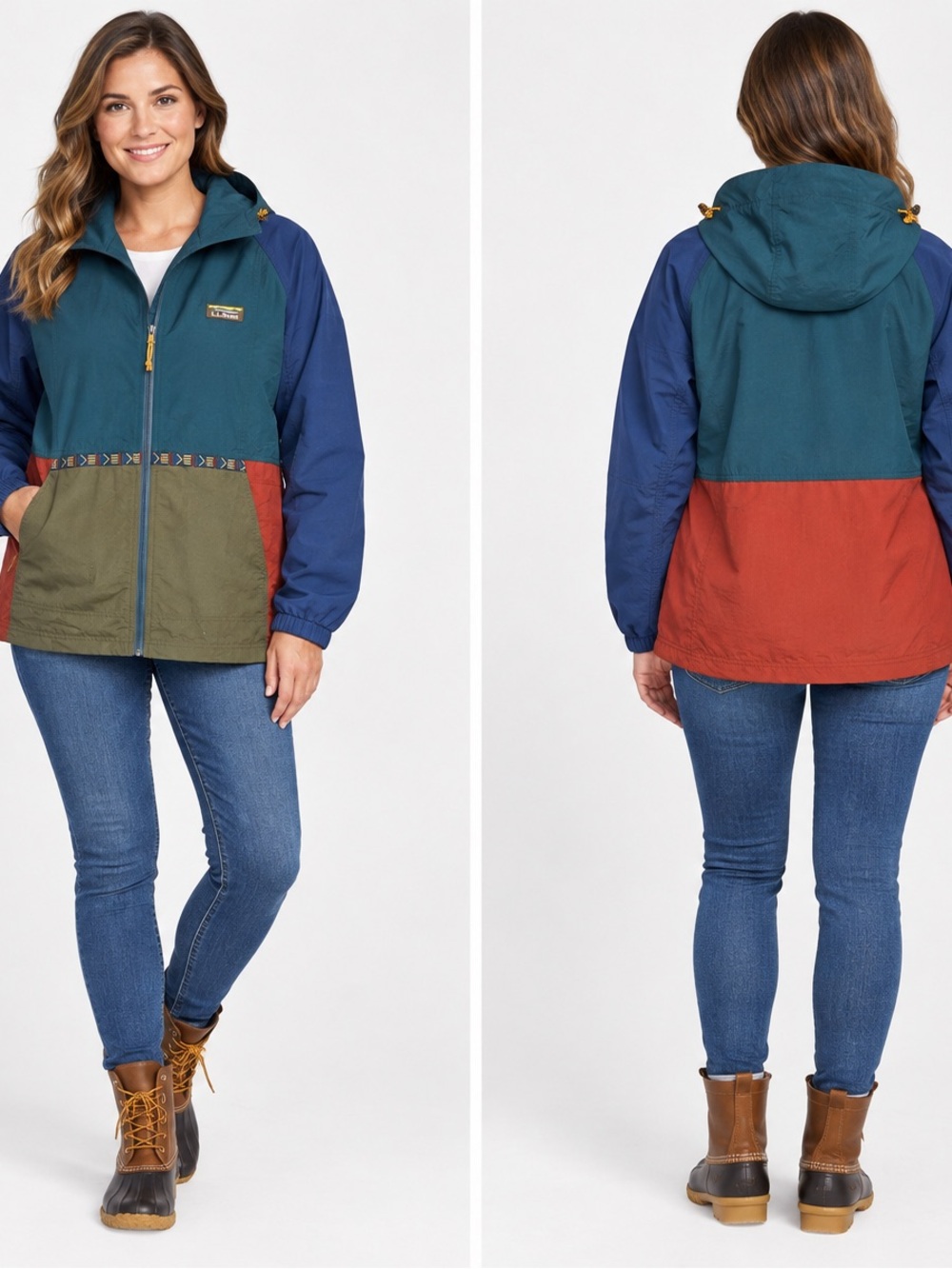 L.L. Bean women’s Colorblock Hooded Windbreaker - Teal, Blue, Olive, Rust